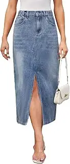 [RSBFK] Women's High Waisted Front Slit Denim Maxi Skirt Stretchy Waist Long Jean Skirt Streetwear