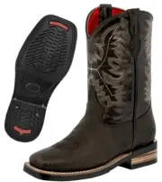 Kids Unisex Genuine Leather Cowboy Boots Full Brown Square Toe Botas