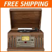 Elegant Walnut 3-Speed Bluetooth Turntable with CD, Cassette & Radio Player