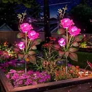 Solar Flowers Lights Garden Outdoor Decor 2 Pack, Waterproof Pink Cemetery Rose for Grave Yard Patio Path Flower Bed Decorotions Outside, Valentines/Mothers Day Birthday Gifts for Mom Women Grandma