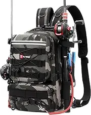 Dolodomy Fishing Backpack With Rod Holder, Fishing Tackle Storage Bags Fishing Tackle Box Backpack Fishing Tackle Bag, Gray Camo, 9.8inx7.8inx16in, 25cmx20cmx41cm, Fishing Backpack With Rod Holder