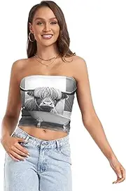 [RPLIFE] Highland Cow Bathtub Gray Women's Tube Top Strapless Crop Top for Women, Mesh Tube Tops, Trendy Crop Tops (S)