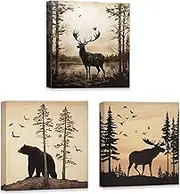 ZXHYWYM Wildlife Wall Art Bear Elk Moose in Forest Pictures Woodland Animal Canvas Print Hunting Painting Rustic Farmhouse Cabin Lodge Wall Decor Framed ((12"x12"x3))