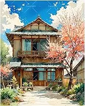TAOPAOLAB Architecture Paint by Numbers Kit for Adults - DIY Japanese House with Cherry Blossoms Painting on Canvas 16x20 Inches, Acrylic Paint Set for Beginners, Asian Art for Home Decoration/Gifts