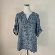 Philosophy Womans Top S Tunic Flowy Roll Tab Slve Blue V Neck Denim Lepord Print