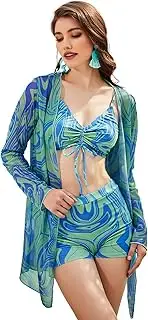 [WDIRARA] Women's 3 Piece Set Marble Print Drawstring Front Tankini Swimsuit with Kimono Cover Up