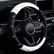 KAFEEK Diamond Soft Leather Steering Wheel Cover with Bling Bling Crystal Rhinestones, Universal 15 inch, Black White