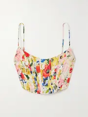 [Zimmermann] Zimmermann - + Net Sustain Alight Cropped Shirred Floral-print Linen Bustier Top - Navy - 3 3 Blue