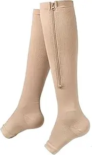 Zipper Compression Socks for Women and Men - Toeless Thigh High Open Toe with Zipper, Easy On/Off, Ideal for Pain Relief and Improved Circulation (Beige) (S/M)