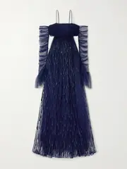 [SANDRA MANSOUR] SANDRA MANSOUR - Samhain Cutout Swiss-dot And Glittered Tulle Gown And Gloves Set - Navy - FR 34 FR 34 Blue