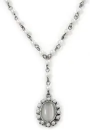 [Avalaya] White Simulated Pearl Y-Shape Necklace with Milky White Cat Eye Oval Pendant in Antique Silver Tone - 38cm Length/ 8cm Extension, One Size