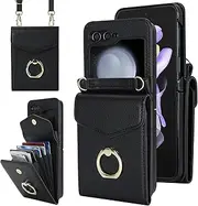 SINQERISHT Crossbody Wallet Phone Case for Samsung Galaxy Z Flip 6 5G 2024 Leather Case with Card Holder & 360° Ring Kickstand Purse Cover Magnetic Closure Flip Handbag Shell(Black)
