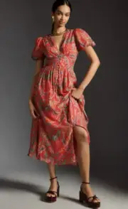 Anthropologie The Katerina Lurex Button Front Dress Size 0 V-neck Midi Dress