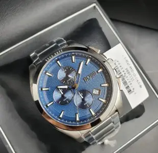 HUGO BOSS Grandmaster 藍色錶盤 銀色不鏽鋼錶帶 石英 三眼計時 男士手錶 1513884