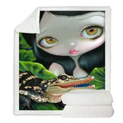 Cute Fantasy Mermaid with a Baby Alligator Throw Blanket
