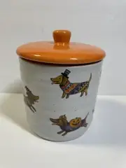 “Cobwebs and Cauldrons” Gnome Halloween Ceramic Dog Canister with Orange Lid