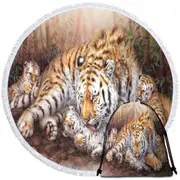 Wildlife Animal Art Tiger Family in Bamboo Forest Round Beach Towel