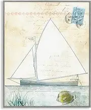 Stupell Industries Antique Sailboat & Postal Stamp Gray Framed Giclee Art Design by Susan Arnot, 16 x 20