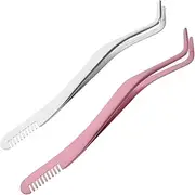 NIYANGLE 2Pcs Stainless Steel Lash Clamp Tweezers with Comb Small Eyelash Applicator Tool for Easy False Lash Application Durable Makeup Accessory for Women