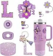 15PCS for Stanley Cup 30oz 40oz, Accessories Set Tumbler with Handle, Including Silicone Straw Cover, Boot, Spill Proof Stopper, Charms, Handle Charm, Initials Sticker (Purple,L)