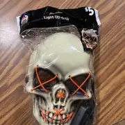 Happy Halloween Cream Skull with Orange Stitches Battery Light Up Mask, NIP.