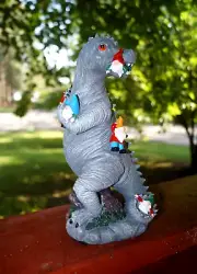 Dinosaur Eating Gnomes Resin Garden Gnome Statue Decor 10 "