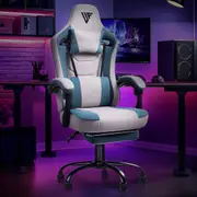 Advwin Gaming Chair with Footrest Linen Fabric Ergonomic Office Chair with Linkage Armrests High Back Computer Recliner Chair Gray+Blue