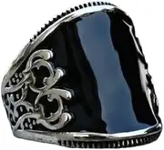[Ymall] Vintage Style Men's Ring with Black Onyx Stone and Silver Filigree Design, Gothic