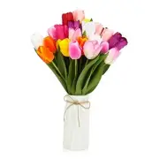 27pcs Colorful Artificial Flowers Tulips, Tulips with 1pc Plastic Vase, Fake