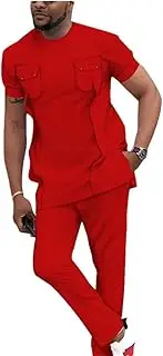 [Sweejim] Men`S Casual Tracksuit African Clothing Short Sleeve Dashiki Blouse Shirt And Pants Set