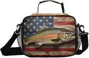 American Flag Trout Insulated Lunch Box for Women Men - Ideal for Work, Picnics - Includes Adjustable Shoulder Strap