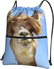 EdWal Funny Alpaca Llama Print Drawstring Backpack Gym Bags Sports Bags With Zipper Pocket For Travel Beach, Black, One Size