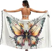 [RPLIFE] Colorful Christmas Themed Women's Swimsuit Sarong Cover Up, Long Sarong, Fringe Skirt Swim Cover Up, Wrap Scarf Shawl, Fantasy Butterfly, Large