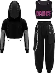 [Loodgao] Kids Girls 3 Pieces Jazz Hip Hop Dance Outfits Long Sleeve Hooded Sweatshirts with Vest and Jogger Pants Set