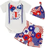 [Frietlebird] Infant Baby Boy First 4th of July Outfit Letters Print Short Sleeve Romper and Shorts Sets 3Pcs