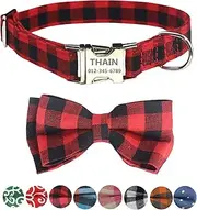THAIN Custom Dog Collar Personalized for Male Female Dogs-Denis dots,Plaid Pattern Engraved Pet Collars with Name Personalized Metal Buckle (S(Neck 9.8-13.8"), Red Plaid)