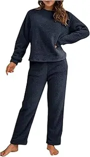 [Generic] Plus Size Linen Pants Suit Women Sleeve Winter Plush Sweaters Knitting Set Sleepwear Warm Suit All Pant Suits for Women