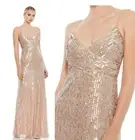 Mac Duggal 10817 Gold Sequin Beaded Spaghetti Strap Long Formal Gown Dress 10