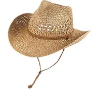 [Generic] Straw Cowboy Hats Western Cowgirl Hat for Women/Men Foldable Wide Brim Cowboy Hat Travel Vacation Beach Sun Hats, Khaki, One Size