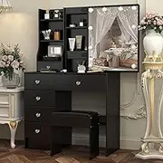 Vanity Desk Makeup Table Set with Lights, Vanity Table with Mirror and Stool, 5 Storage Drawers & Shelves, Small Chair, Sliding Mirror Lighted Vanity Table for Teen Girls, H3330 Black
