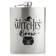 Witches' Brew Metal Flask Witch Hat Pentacle Cauldron Liquor Halloween Gothic