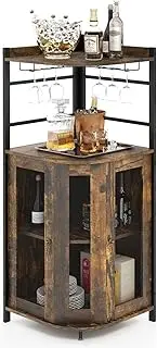 [Giantex] Corner Bar Cabinet with Glass Holder, Industrial Wine Cabinet with Metal Mesh Doors & Adjustable Shelf, Buffet Cabinet with Anti-tip Kit for Home Kitchen Dining Room Bistro, Vintage Brown