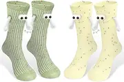 [ABTOLS] 2 Pairs Magnetic Hand Holding Socks for Women Men, Yellow Green Magnetic Suction Sock 3D Doll Couple Crazy Socks Funny Couple Gifts, Best Friend, Engagement, Anniversary, Teens Cute Weird