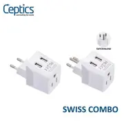 Ceptics Switzerland Travel Plug Set - 2 USB Socket Input - Type J and C