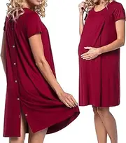 [Wuluwala] Saftebay Womens Labor Delivery Breastfeeding Birthing Gowns with Button Nursing Nightgown Wine Red, Small