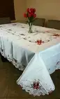 White Polyester 72x126" Christmas Holiday Red Candle Ribbon Tablecloth napkins