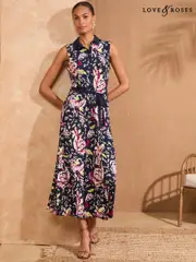 Love & Roses Navy Floral Petite Printed Jersey Midi Shirt Dress (F14841) | $120