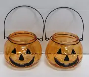 Set of 2 Halloween Glass Pumpkin tea light Candle Holders Handle orange 4 x 3.25