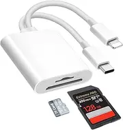 SD Card Reader for Phone 15/16/Pad, 2-in-1 Dual Card Slot, Type-C/Lighting, High-Speed SD/Micro SD/TF Memory Card Adapter, Plug & Play for Mac/Android