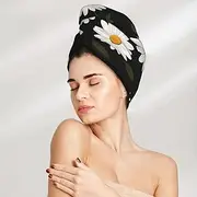 Simple Daisy Flower Print Coral Velvet Dry Hair Cap with Button, Quick Dry Hair Turban for All Hair Style